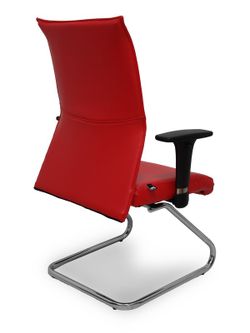 Modelo Albacete confidente patín. Sillón confidente ergonómico para visitas, con patín cromado. Asiento y respaldo tapizados en similpiel color rojo. Brazos regulables
