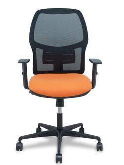 Modelo Alfera - Silla de oficina ergonómica con mecanismo sincro, brazos regulables y ajustable en altura - Respaldo de malla transpirable en color negro y asiento tapizados en tejido BALI color naranja.