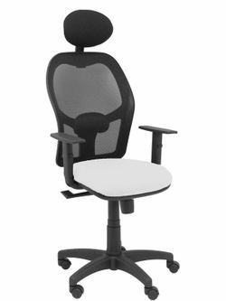 Modelo Alocén - Silla de oficina ergonómica con mecanismo sincro, brazos regulables y ajustable en altura - Respaldo de malla transpirable en color negro con cabecero fijo y asiento tapizados en tejido BALI color blanco.