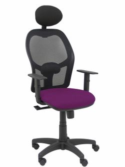 Modelo Alocén - Silla de oficina ergonómica con mecanismo sincro, brazos regulables y ajustable en altura - Respaldo de malla transpirable en color negro con cabecero fijo y asiento tapizados en tejido BALI color morado.