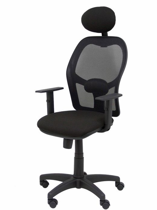 Modelo Alocén - Silla de oficina ergonómica con mecanismo sincro, brazos regulables y ajustable en altura - Respaldo de malla transpirable en color negro con cabecero fijo y asiento tapizados en tejido BALI color negro.