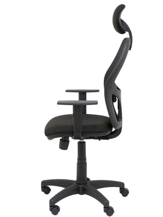 Modelo Alocén - Silla de oficina ergonómica con mecanismo sincro, brazos regulables y ajustable en altura - Respaldo de malla transpirable en color negro con cabecero fijo y asiento tapizados en tejido BALI color negro.