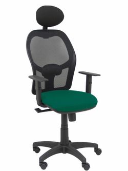 Modelo Alocén - Silla de oficina ergonómica con mecanismo sincro, brazos regulables y ajustable en altura - Respaldo de malla transpirable en color negro con cabecero fijo y asiento tapizados en tejido BALI color verde botella.