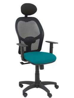 Modelo Alocén - Silla de oficina ergonómica con mecanismo sincro, brazos regulables y ajustable en altura - Respaldo de malla transpirable en color negro con cabecero fijo y asiento tapizados en tejido BALI color verde petróleo.