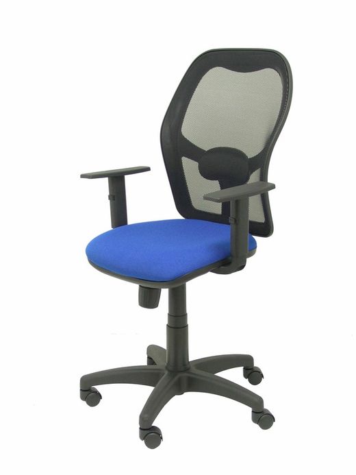 Modelo Alocén - Silla de oficina ergonómica con mecanismo sincro, brazos regulables y ajustable en altura - Respaldo de malla transpirable en color negro y asiento tapizados en tejido BALI color azul