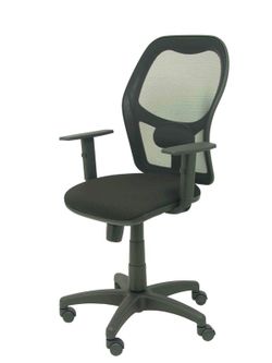 Modelo Alocén - Silla de oficina ergonómica con mecanismo sincro, brazos regulables y ajustable en altura - Respaldo de malla transpirable en color negro y asiento tapizados en tejido BALI color negro