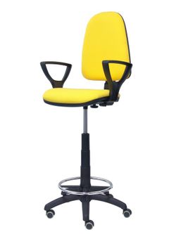 Modelo Ayna Taburete - Taburete ergonómico con mecanismo de contacto permanente, regulable en altura, aro reposapiés y ruedas de parqué - Asiento y respaldo tapizados en tejido BALI color amarillo (BRAZOS FIJOS INCLUIDOS)