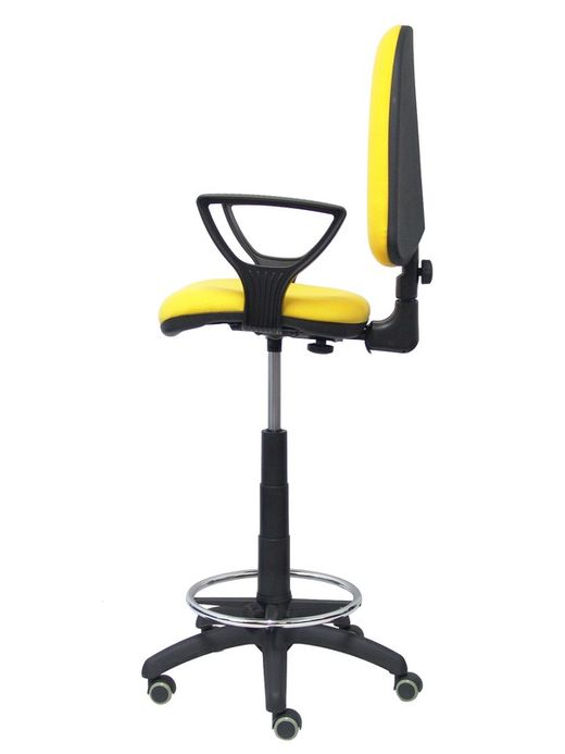 Modelo Ayna Taburete - Taburete ergonómico con mecanismo de contacto permanente, regulable en altura, aro reposapiés y ruedas de parqué - Asiento y respaldo tapizados en tejido BALI color amarillo (BRAZOS FIJOS INCLUIDOS)