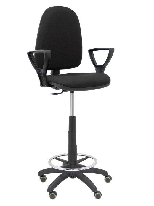Modelo Ayna Taburete - Taburete ergonómico con mecanismo de contacto permanente, regulable en altura, aro reposapiés y ruedas de parqué - Asiento y respaldo tapizados en tejido BALI color negro (BRAZOS FIJOS INCLUIDOS)