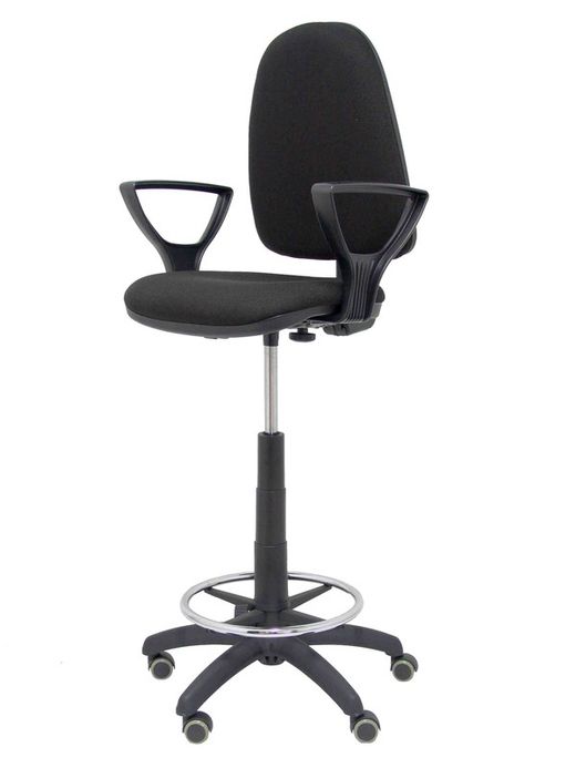 Modelo Ayna Taburete - Taburete ergonómico con mecanismo de contacto permanente, regulable en altura, aro reposapiés y ruedas de parqué - Asiento y respaldo tapizados en tejido BALI color negro (BRAZOS FIJOS INCLUIDOS)