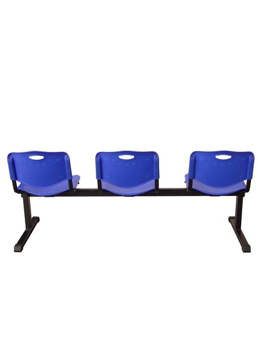 Modelo Bancada Iso plastic - Bancada de espera de tres plazas y estructura de hierro en color negro - Asiento y respaldo en PVC color azul