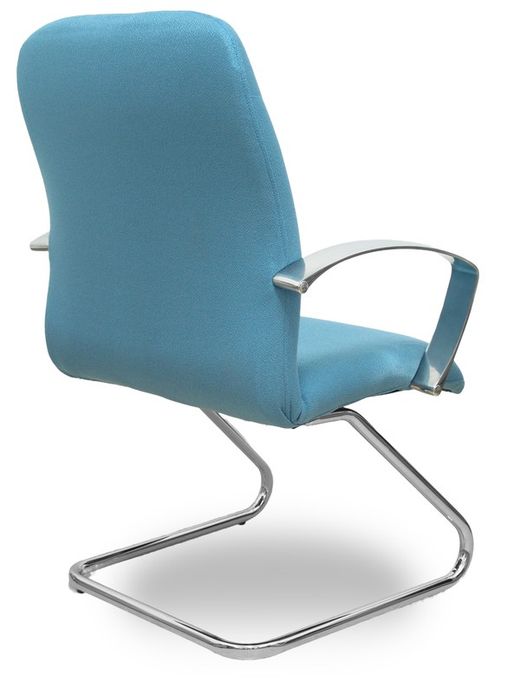 Modelo Caudete Confidente Patín.Sillón de recepción ergonómico con brazos fijos y patín cromado. Asiento y respaldo tapizados en tejido BALI color azul cielo