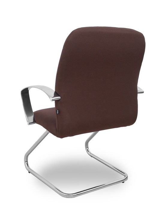 Modelo Caudete Confidente Patín.Sillón de recepción ergonómico con brazos fijos y patín cromado. Asiento y respaldo tapizados en tejido BALI color marrón oscuro.