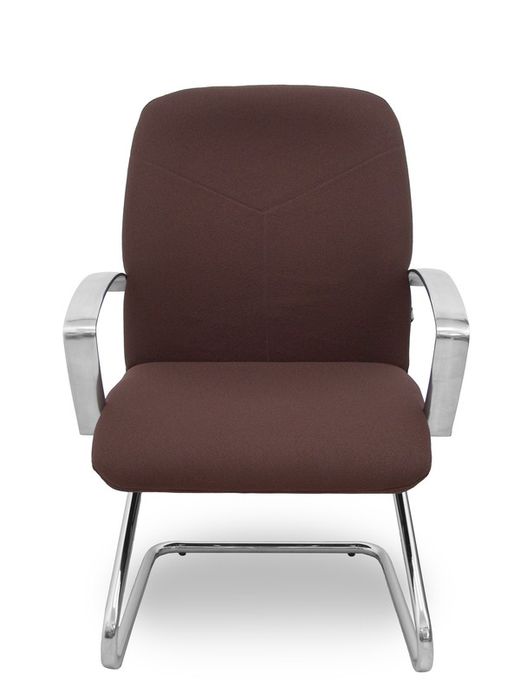 Modelo Caudete Confidente Patín.Sillón de recepción ergonómico con brazos fijos y patín cromado. Asiento y respaldo tapizados en tejido BALI color marrón oscuro.