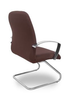 Modelo Caudete Confidente Patín.Sillón de recepción ergonómico con brazos fijos y patín cromado. Asiento y respaldo tapizados en tejido BALI color marrón oscuro.