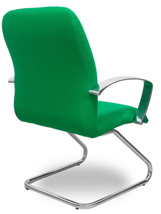 Modelo Caudete Confidente Patín.Sillón de recepción ergonómico con brazos fijos y patín cromado. Asiento y respaldo tapizados en tejido BALI color verde.