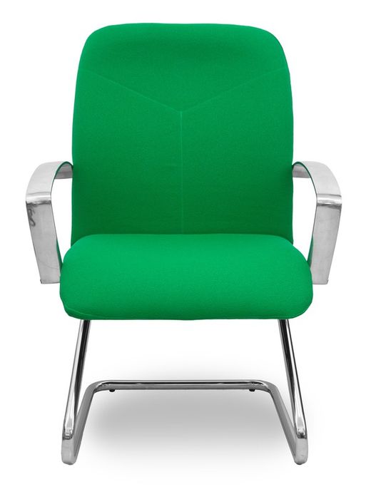 Modelo Caudete Confidente Patín.Sillón de recepción ergonómico con brazos fijos y patín cromado. Asiento y respaldo tapizados en tejido BALI color verde.