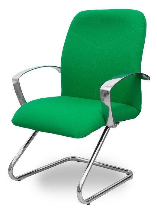 Modelo Caudete Confidente Patín.Sillón de recepción ergonómico con brazos fijos y patín cromado. Asiento y respaldo tapizados en tejido BALI color verde.