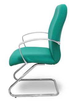 Modelo Caudete Confidente Patín.Sillón de recepción ergonómico con brazos fijos y patín cromado. Asiento y respaldo tapizados en tejido BALI color verde esmeralda.