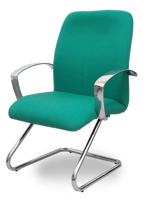 Modelo Caudete Confidente Patín.Sillón de recepción ergonómico con brazos fijos y patín cromado. Asiento y respaldo tapizados en tejido BALI color verde esmeralda.