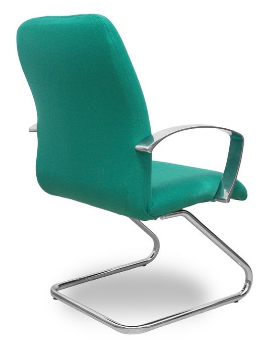 Modelo Caudete Confidente Patín.Sillón de recepción ergonómico con brazos fijos y patín cromado. Asiento y respaldo tapizados en tejido BALI color verde esmeralda.
