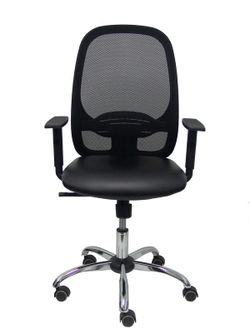 Modelo Cilanco negra - Silla de oficina ergonómica con mecanismo sincro, brazos regulables y ajustable en altura - Respaldo negro, tapizado en malla transpirable en color negro y asiento tapizado en tejido SIMILPIEL color negro. Base cromada