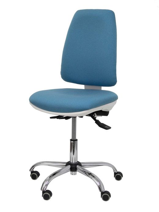 Modelo Elche blanca - Silla de oficina ergonómica con mecanismo asincro, regulable en altura y ruedas de parqué - Base cromada. Asiento y respaldo tapizados en tejido BALI color azul cielo.