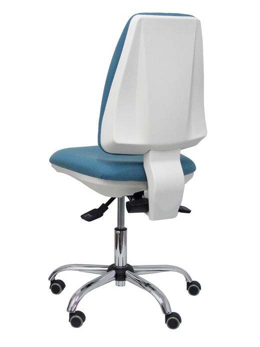 Modelo Elche blanca - Silla de oficina ergonómica con mecanismo asincro, regulable en altura y ruedas de parqué - Base cromada. Asiento y respaldo tapizados en tejido BALI color azul cielo.