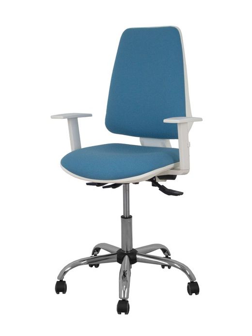 Modelo Elche blanca - Silla de oficina ergonómica con mecanismo asincro, regulable en altura y ruedas de parqué - Base cromada. Asiento y respaldo tapizados en tejido BALI color azul cielo. Brazos blancos regulables.