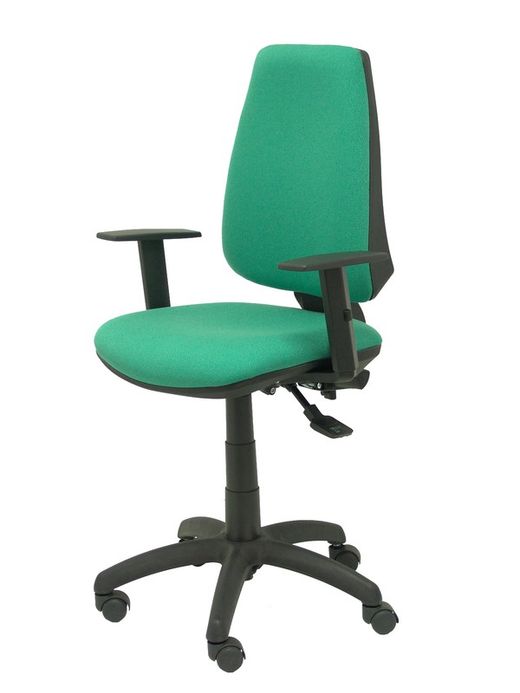 Modelo Elche S - Silla de oficina ergonómica con mecanismo sincro, regulable en altura y ruedas de nailon - Asiento y respaldo tapizados en tejido BALI color verde esmeralda (BRAZOS REGULABLES EN ALTURA)