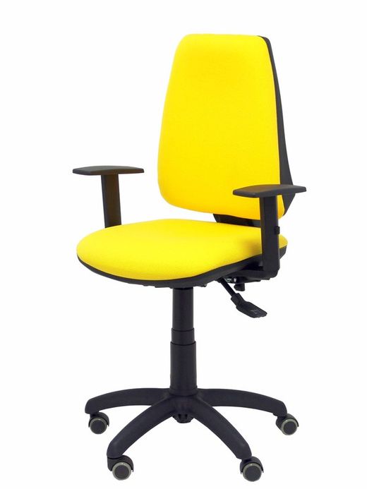 Modelo Elche S - Silla de oficina ergonómica con mecanismo sincro, regulable en altura y ruedas de parqué - Asiento y respaldo tapizados en tejido BALI color amarillo (BRAZOS REGULABLES EN ALTURA)