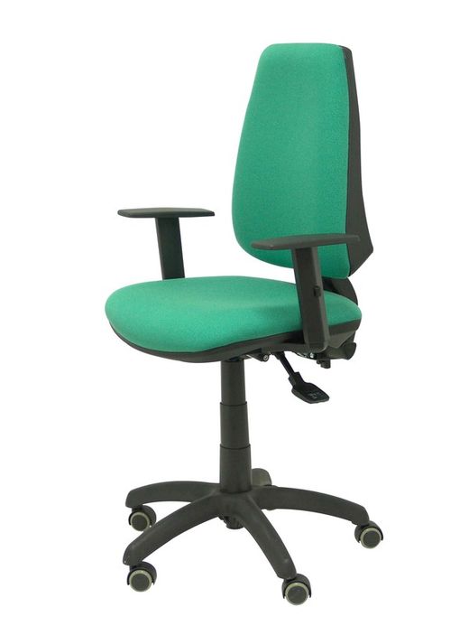 Modelo Elche S - Silla de oficina ergonómica con mecanismo sincro, regulable en altura y ruedas de parqué - Asiento y respaldo tapizados en tejido BALI color verde esmeralda (BRAZOS REGULABLES EN ALTURA)