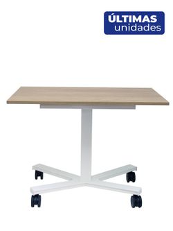 Modelo Griego - Mesa de trabajo regulable con ajuste electrico. Tablero de madera en color natural y estructura en color blanco. Dispone de ruedas con freno.