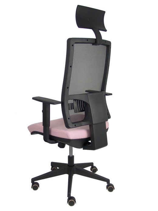 Modelo Horna - Silla de oficina ergonómica con mecanismo sincro con traslack y regulable en altura - Respaldo alto de malla transpirable con cabecero fijo y apoyo lumbar regulable. Asiento tapizado en tejido BALI colo rosa.