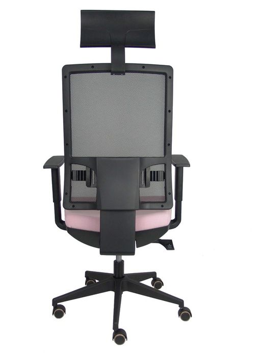 Modelo Horna - Silla de oficina ergonómica con mecanismo sincro con traslack y regulable en altura - Respaldo alto de malla transpirable con cabecero fijo y apoyo lumbar regulable. Asiento tapizado en tejido BALI colo rosa.