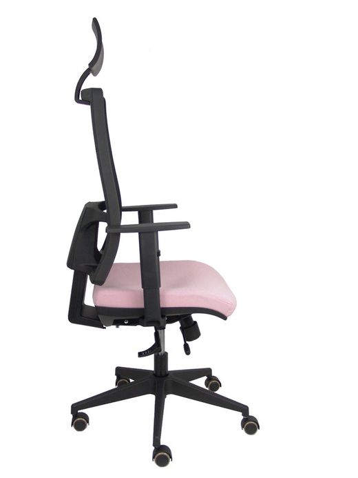 Modelo Horna - Silla de oficina ergonómica con mecanismo sincro con traslack y regulable en altura - Respaldo alto de malla transpirable con cabecero fijo y apoyo lumbar regulable. Asiento tapizado en tejido BALI colo rosa.
