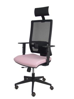 Modelo Horna - Silla de oficina ergonómica con mecanismo sincro con traslack y regulable en altura - Respaldo alto de malla transpirable con cabecero fijo y apoyo lumbar regulable. Asiento tapizado en tejido BALI colo rosa.