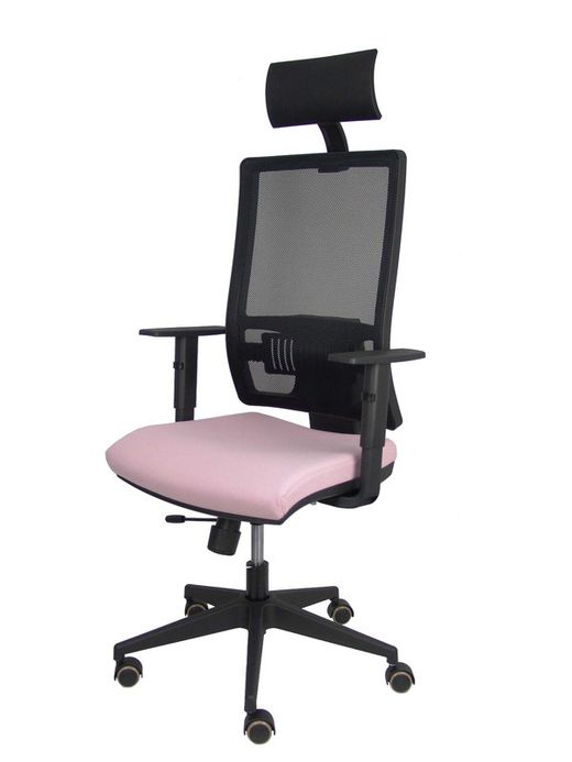 Modelo Horna - Silla de oficina ergonómica con mecanismo sincro con traslack y regulable en altura - Respaldo alto de malla transpirable con cabecero fijo y apoyo lumbar regulable. Asiento tapizado en tejido BALI colo rosa.