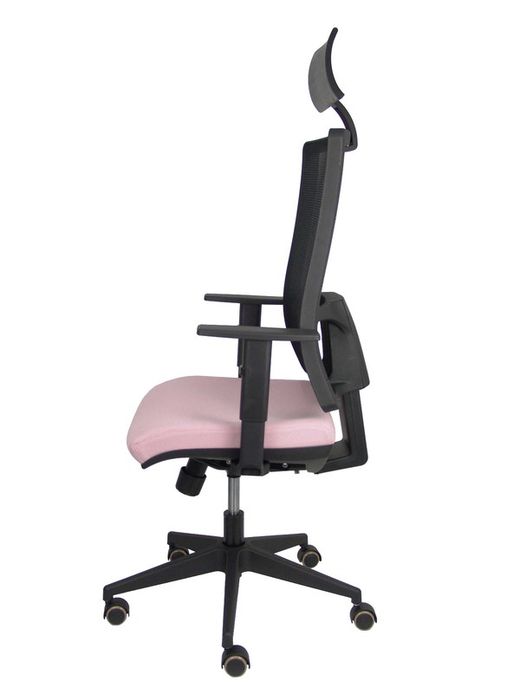 Modelo Horna - Silla de oficina ergonómica con mecanismo sincro con traslack y regulable en altura - Respaldo alto de malla transpirable con cabecero fijo y apoyo lumbar regulable. Asiento tapizado en tejido BALI colo rosa.