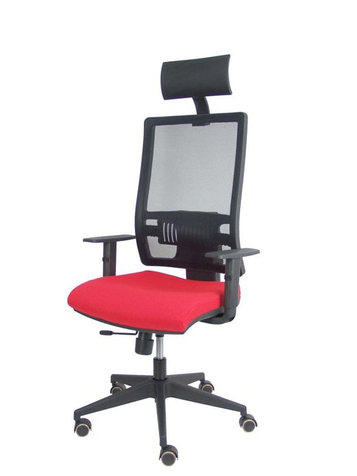 Modelo Horna - Silla de oficina ergonómica con mecanismo sincro con traslack y regulable en altura - Respaldo alto de malla transpirable con cabecero fijo y apoyo lumbar regulable. Asiento tapizado en tejido BALI color rojo.