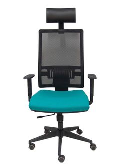Modelo Horna - Silla de oficina ergonómica con mecanismo sincro con traslack y regulable en altura - Respaldo alto de malla transpirable con cabecero fijo y apoyo lumbar regulable. Asiento tapizado en tejido BALI color turquesa.