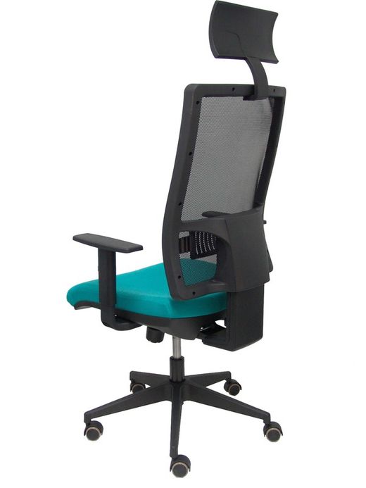 Modelo Horna - Silla de oficina ergonómica con mecanismo sincro con traslack y regulable en altura - Respaldo alto de malla transpirable con cabecero fijo y apoyo lumbar regulable. Asiento tapizado en tejido BALI color turquesa.