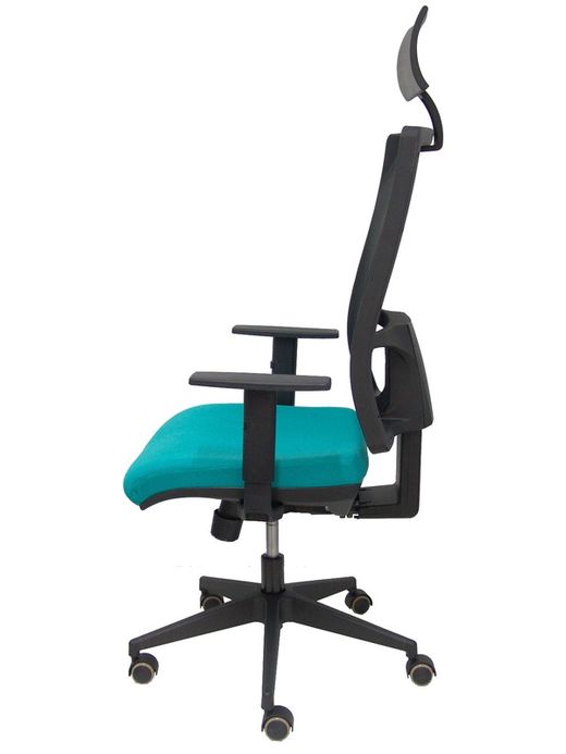 Modelo Horna - Silla de oficina ergonómica con mecanismo sincro con traslack y regulable en altura - Respaldo alto de malla transpirable con cabecero fijo y apoyo lumbar regulable. Asiento tapizado en tejido BALI color turquesa.