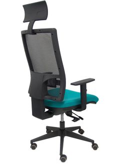 Modelo Horna - Silla de oficina ergonómica con mecanismo sincro con traslack y regulable en altura - Respaldo alto de malla transpirable con cabecero fijo y apoyo lumbar regulable. Asiento tapizado en tejido BALI color turquesa.