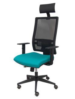Modelo Horna - Silla de oficina ergonómica con mecanismo sincro con traslack y regulable en altura - Respaldo alto de malla transpirable con cabecero fijo y apoyo lumbar regulable. Asiento tapizado en tejido BALI color turquesa.