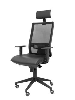 Modelo Horna  Silla de oficina ergonómica con mecanismo sincro y regulable en altura  Respaldo alto de malla transpirable con cabecero y asiento tapizado en piel color negro (CON CABECERO INCLUIDO)