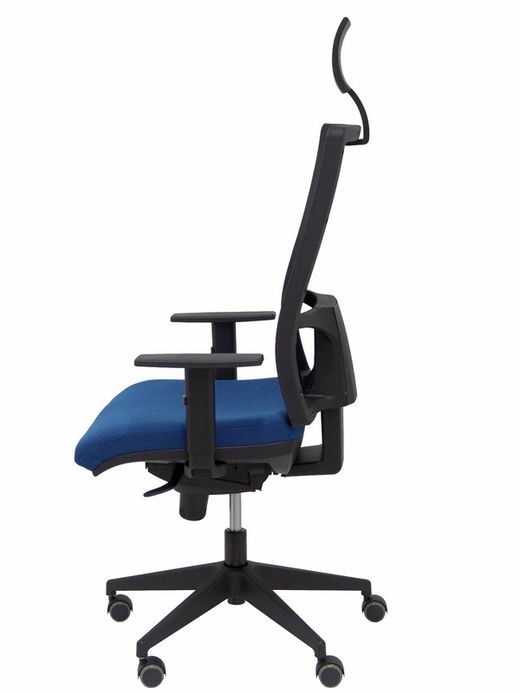 Modelo Horna - Silla de oficina ergonómica con mecanismo sincro y regulable en altura - Respaldo alto de malla transpirable con cabecero y asiento tapizado en tejido BALI color azul marino (CON CABECERO INCLUIDO)