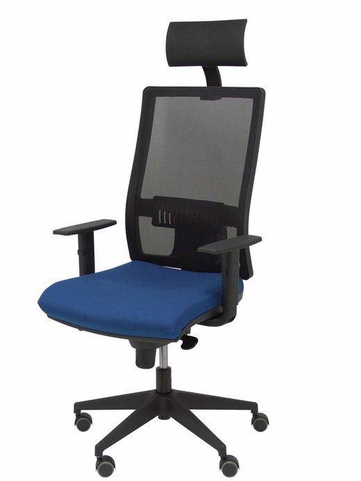 Modelo Horna - Silla de oficina ergonómica con mecanismo sincro y regulable en altura - Respaldo alto de malla transpirable con cabecero y asiento tapizado en tejido BALI color azul marino (CON CABECERO INCLUIDO)