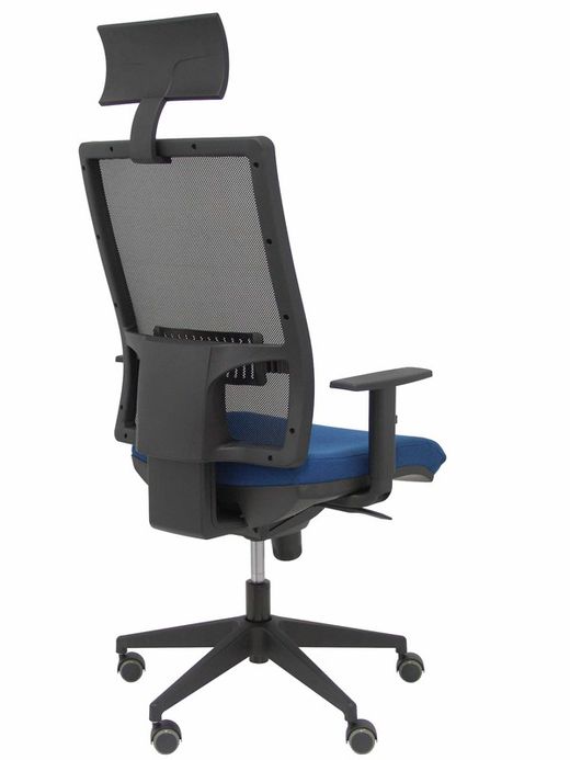 Modelo Horna - Silla de oficina ergonómica con mecanismo sincro y regulable en altura - Respaldo alto de malla transpirable con cabecero y asiento tapizado en tejido BALI color azul marino (CON CABECERO INCLUIDO)
