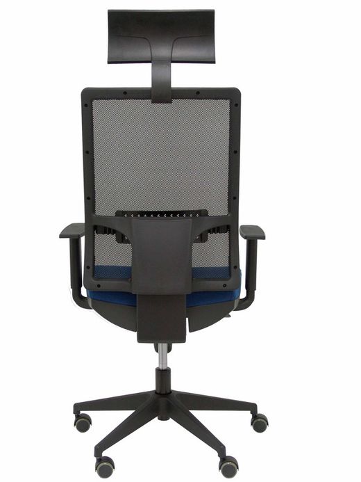 Modelo Horna - Silla de oficina ergonómica con mecanismo sincro y regulable en altura - Respaldo alto de malla transpirable con cabecero y asiento tapizado en tejido BALI color azul marino (CON CABECERO INCLUIDO)